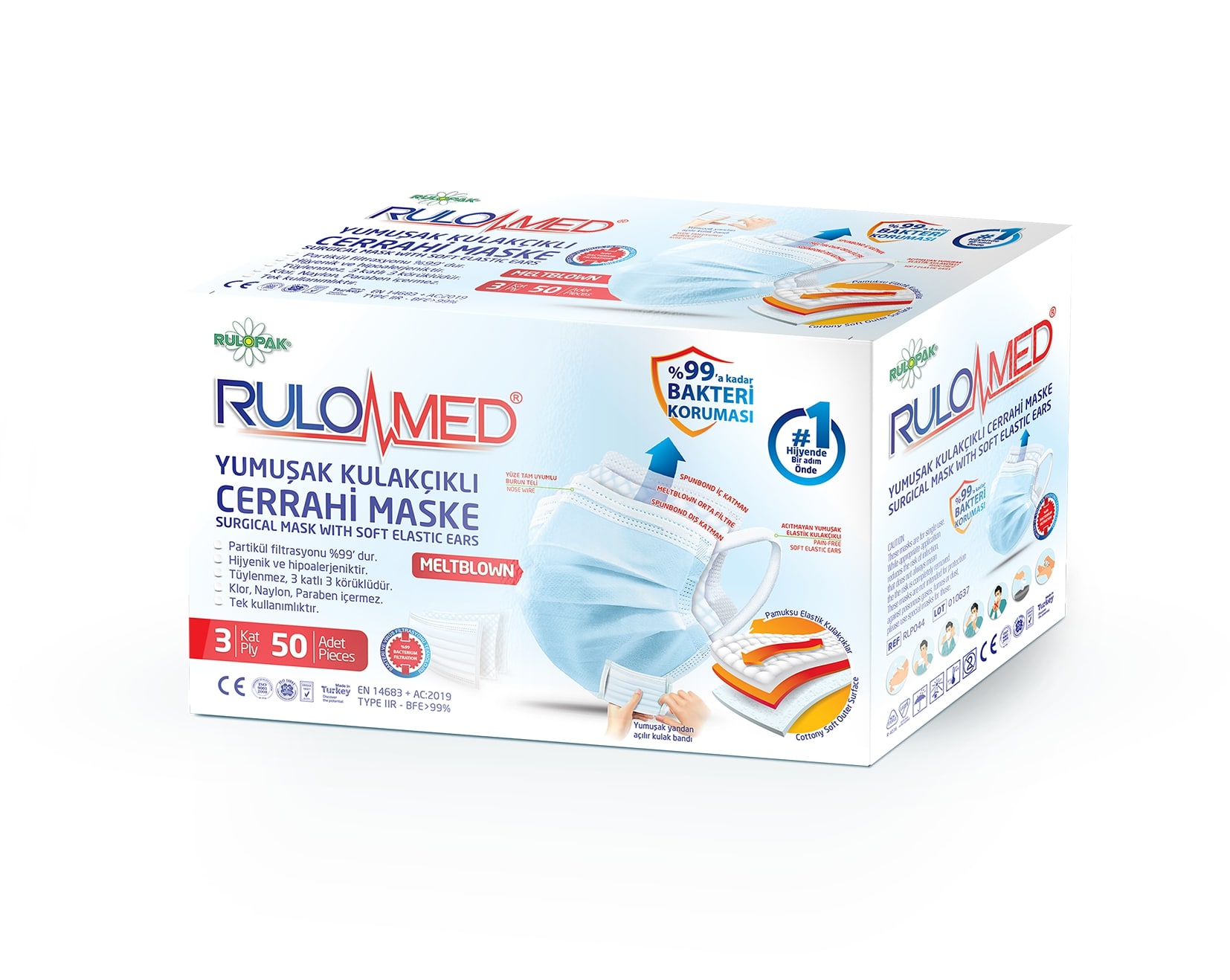 RULOPAK Yumuşak Elastik Kulaklı Meltblown Cerrahi Maske 50 Adet